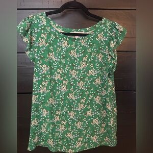 LOFT Floral Green Ruffle Top